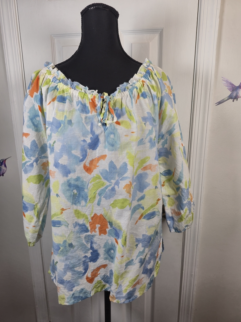 Hester & Orchard Floral Linen Blend Peasant Blouse XL Blue Orange Off Shoulder - Picture 4 of 7
